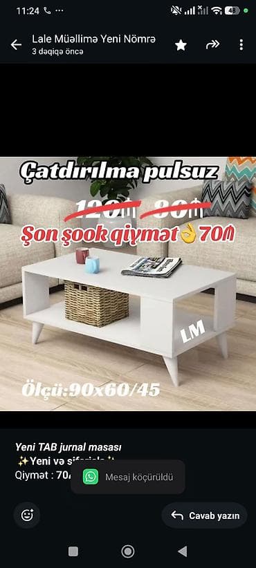 60 70 masa: _*Yeni TAB jurnal masası*_ *✨Yeni və sifarişlə✨* Qiymət : *70₼* — 1
