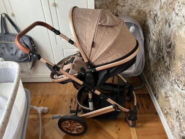 прогулочные коляски peg perego si completo: Uşaq arabası – bej/qızılı rəng tonlarında, naxışlı parça və dəri — 3