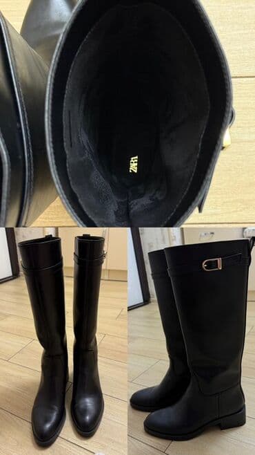 утепленные мужские ботинки: Zara qadın uzun çəkmə - Rəng: qara - Model: dizə qədər, klassik düz — 1