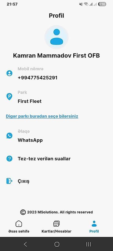 Такси, логистика, доставка: MSolutions tətbiqində “Profil” bölməsinin ekran görüntüsünə əsaslanan — 1