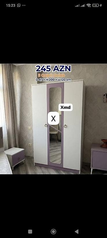 Ev üçün mebel: 3 qapılı paltar dolabı Ölçülər: Dərinlik 47 sm × Hündürlük 200 sm × — 1