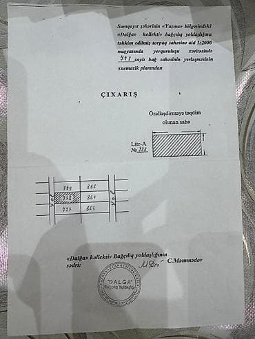 torpaq satışı: 6 sot, Tikinti, Mülkiyyətçi, Kupça (Çıxarış), Texniki pasport — 4
