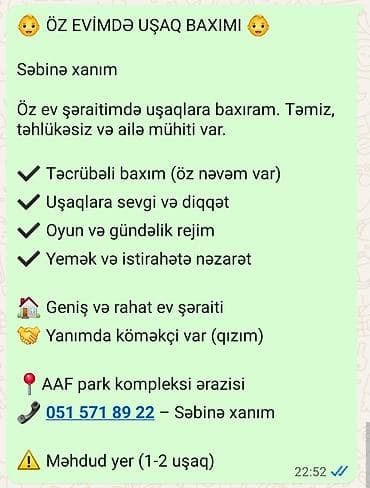 Uşaq baxımı xidməti – öz ev şəraitində - Təmiz, təhlükəsiz, ailəvi