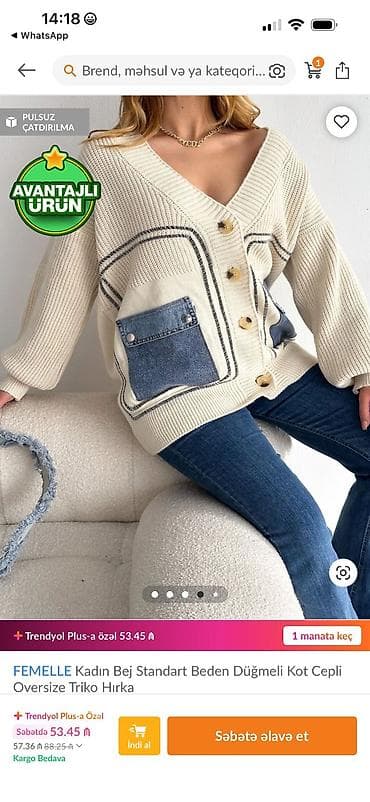 dəbli qadın geyimləri: Məhsul: FEMELLE qadın oversize triko hırka - Rəng: bej - Model — 3