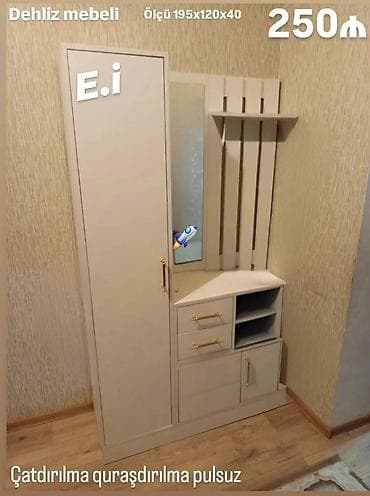 1 qapı, Güzgülü, Bej, Açılan, Düz dolab