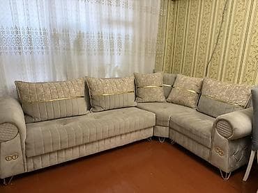 divan olcusu: Bej rəngdə L formalı yumşaq künc divan dəsti - Parça: yumşaq, velur — 1