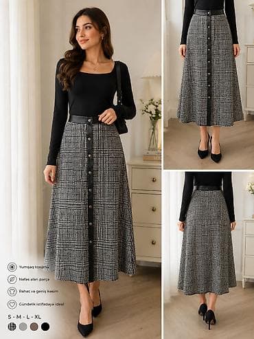 Qadın ətəyi – qara-ağ qlənçek (plaid) naxışlı, A-kəsim, midi — 2