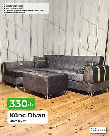 Künc divan – 260×160 sm - Mexanizm: açılan, bazalı - Yastıqlar: 2 — 1