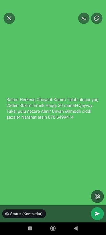 ev hizmetçisi: Ofisiant tələb olunur, Aylıq ödəniş, 18-29 yaş — 1