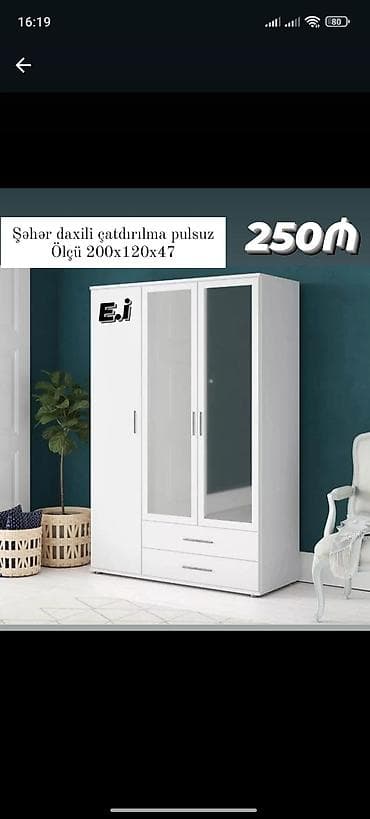 Yeni, 3 qapılı, Siyirməli, Ağ, Açılan, Düz dolab