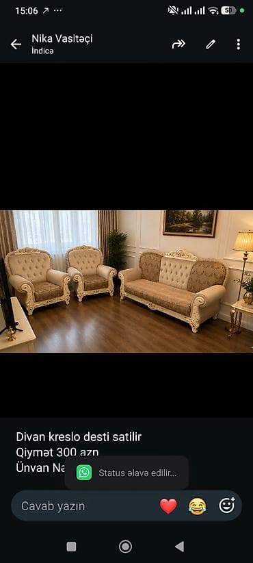 Divan kreslo desti satilir 
Qiymət 300 azn
Ünvan Nəsimi 
Nika0332