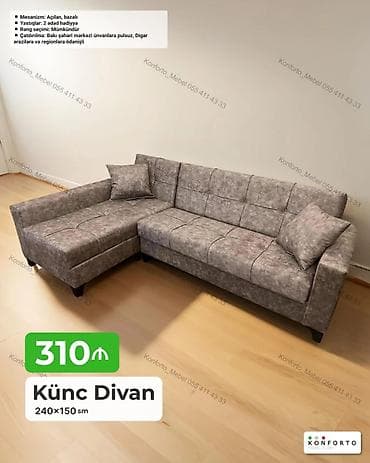 kreditle kunc divanlar: Künc divan – 240×150 sm • Mexanizm: açılan, bazalı (yataq funksiyalı — 1