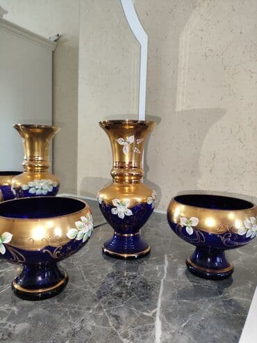 Çaydanlar və qəhvədanlar: Mavi-kobalt rəngli, qızıl işləməli dekorativ şüşə dəst. - Tərkibi: 1 — 1