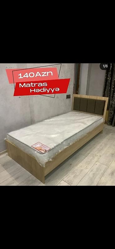 dosək: Tək nəfərlik taxta çarpayı – başlıqda yumşaq parça panel - Material — 1