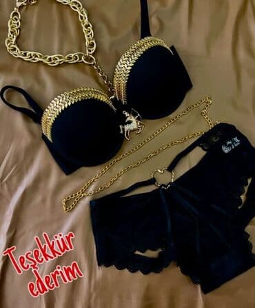 şortik tulum: Qara rəngli zərif dəst – metal detallı - 2 parçalı dəst: büstqalter — 2