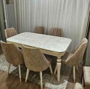 metbex masası: Qonaq otağı üçün, Yeni, Açılan, Dördbucaq masa, 6 stul — 6