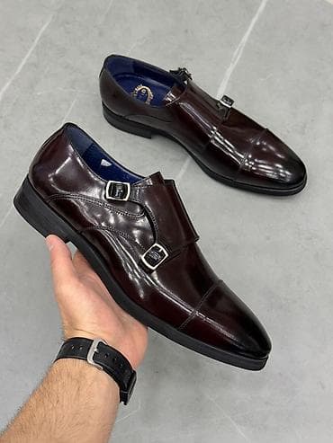 Kişi üçün klassik “double monk strap” dəri ayaqqabı - Rəng: bordoya