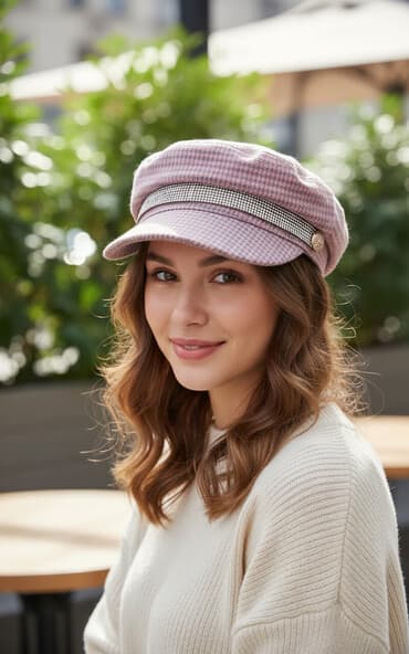 yuxuda qara yayliq baglamaq: Qadın kepkası – baker boy/newsboy üslubu - Rəng və naxış: Toz çəhrayı — 1