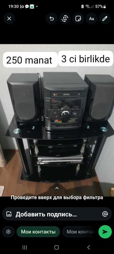 Mikrofonlar: LG mini musiqi sistemi + akustik kolonlar və şüşə/metal TV-audio — 4