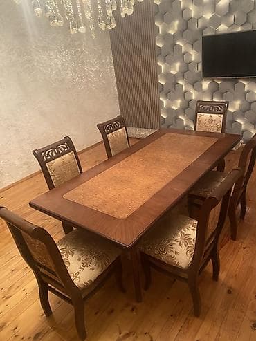 dekorativ ağaclar: Yemək otağı dəsti – masa + 6 stul - Material: massiv ağac karkas, üst — 1