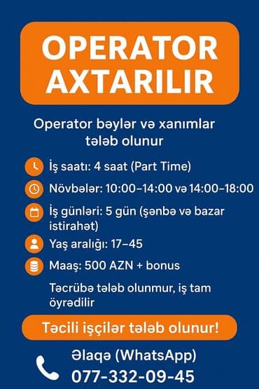 operator iş: Оператор Call-центра требуется, Любой возраст, Без опыта, Ежемесячная оплата — 1