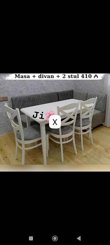 divan ustu: Mətbəx/qonaq otağı dəsti: - Ağ düzbucaqlı masa - Künc divanı (boz — 1
