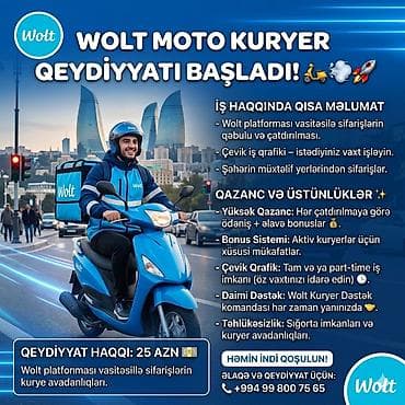 Moto-kuryer tələb olunur, Ayda 2 dəfə ödəniş, Təcrübəsiz