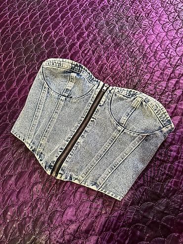 Denim korset top - Material: mavi cins parça (jeans) - Model