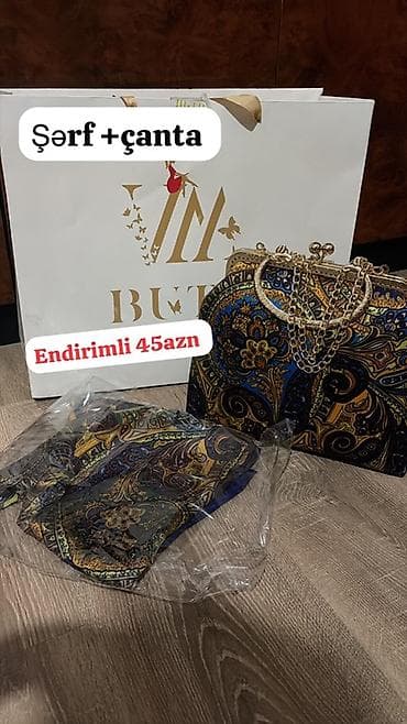 Şərf + çanta dəsti - Klassik şərq motivli naxışlar: mavi, qızılı və lalafo.az -da Şərf + çanta dəsti - Klassik şərq motivli naxışlar: mavi, qızılı və