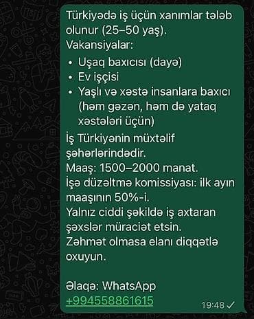 Ev personalı və təmizlik: Türkiyədə iş imkanları – xanımlar üçün (25–50 yaş) Vakansiyalar: - — 1