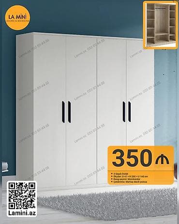 4 qapılı dolab - Ölçülər: Dərinlik 47 sm × Hündürlük 200 sm × Uzunluq