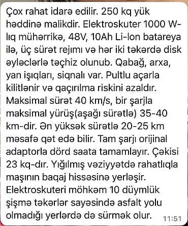 electric scooter: Elektrik skuter – Wingz - Mühərrik: 1000 W fırlıqlıq - Batareya: 48V — 2