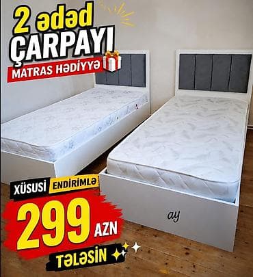 kunc divan 2 ci el: 2 ədəd tək nəfərlik çarpayı paketi - Dəst: 2 ədəd ağ rəngli çarpayı - — 1