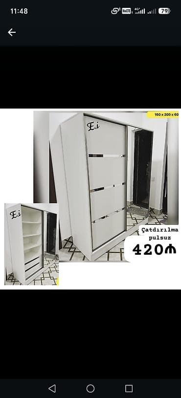 dola: Ağ rəngdə sürgülü qarderob şkafı - Ölçü: 160 x 200 x 60 sm (şəkildə — 1