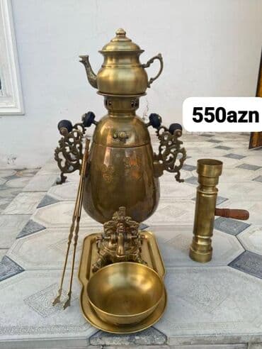 Məhsul 1: Pirinç samovar dəsti – 550 AZN - Klassik dizaynlı, massiv