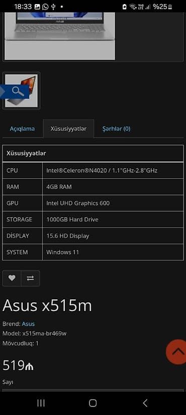 İşlənmiş ASUS 15.6 ", Intel Celeron, 1 TB, Ünvandan götürmə, Ödənişli çatdırılma
