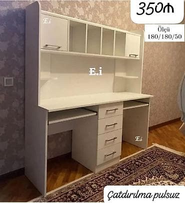 kreditle divanlar: Ağ rəngli çoxfunksiyalı iş masası və üst rəf modulu - Ölçü — 1