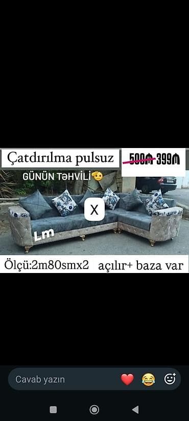 Mebel: Künc divan – açılır və bazalı model - Ölçü: 2 m 80 sm x 2 m - — 1