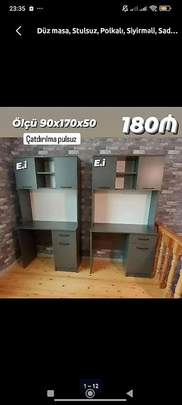 dolap ofis: Düz iş/oxu masası – üst dolab və rəfli model - Ölçü: 90 x 170 x 50 sm — 1