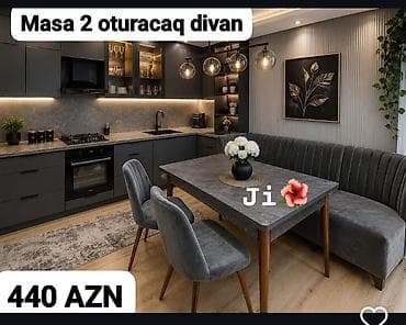divan sultan: Mətbəx üçün modern stol və 2 oturacaqlı divan dəsti. - Rəng: tünd boz — 1
