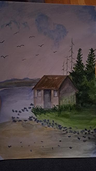 ucuz tablo: Akvarel tablo – göl kənarında ev mənzərəsi Əl işi akvarel rəsm əsəri — 3