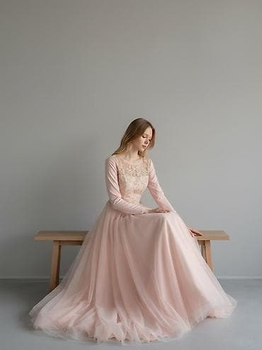 rəsmi 15: Zərif pudra rəngində uzun ziyafət/gecə geyimi - Model: A-kəsim, yerə — 3