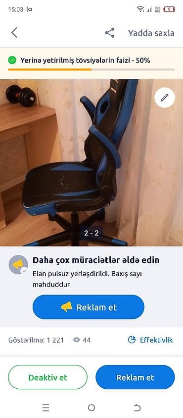 divan yuma: Oyun/ofis kreslosu – mavi-qara rəngdə Xüsusiyyətlər: - Ergonomik — 1