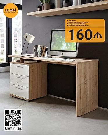 Düz masa, Stulsuz, Polkalı, Siyirməli, Teksturalı laminat — 1
