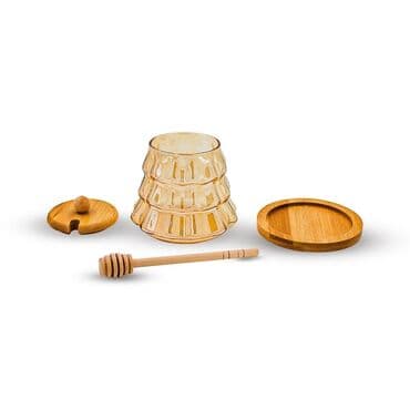 бал мед: Bal qabı Şüşe material Bal rengi Bamboo altlıq ve bamboo qaşıq deste — 3