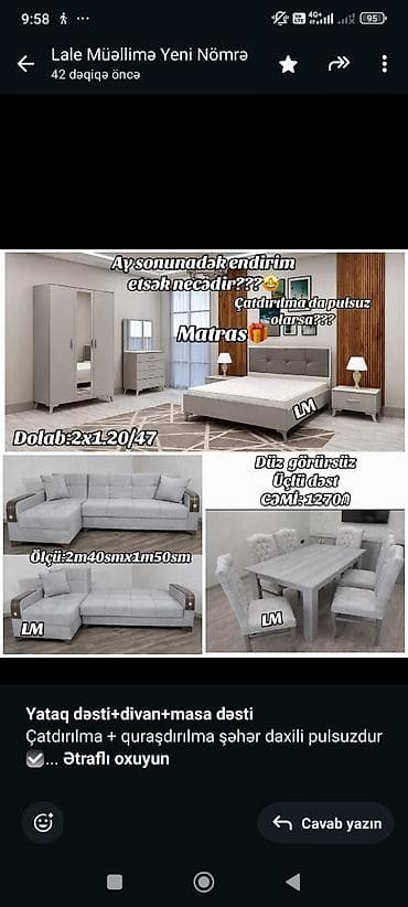 *Yataq dəsti+divan+masa dəsti* Çatdırılma + quraşdırılma şəhər daxili