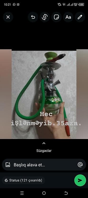 Kiçik ölçülü nərgilə dəsti - Şüşə kolba: şaffaf, yaşıl dekorlu -