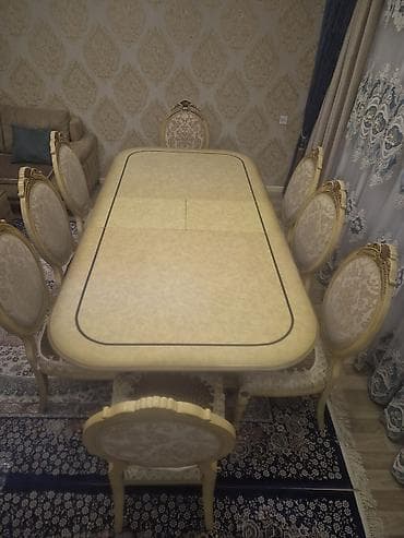 dirnaq stolu: Qonaq otağı üçün, İşlənmiş, Açılan, Dördbucaq masa, 8 stul — 5