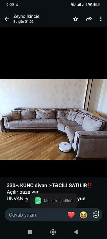 *330₼ KÜNC divan :-TƏCİLİ SATILIR*‼️ Açılır baza var ÜNVAN:-y yasamal — 1
