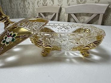 konfet qabı: Qapaqlı şüşə/qraf keksqabı – büllur dekorlu, qızılı işləməli - — 3